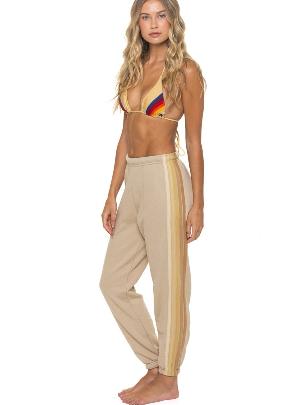Aviator Nation Beige Track Joggers with Multi-Stripe Side Detail